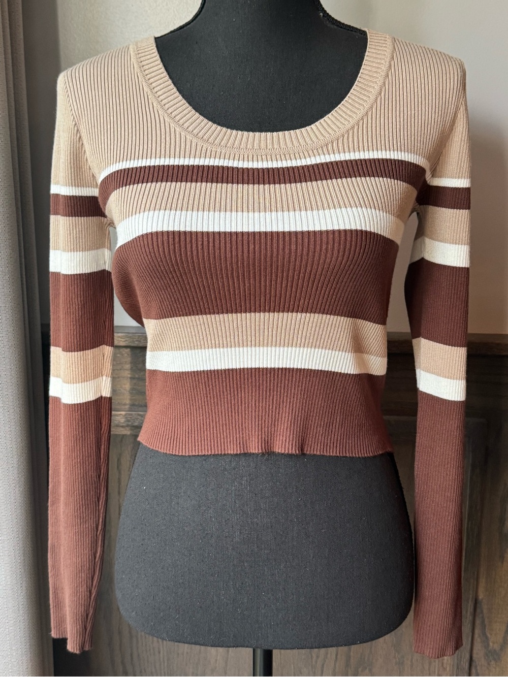 The Slope Striped Scoop-Neck Ribbed Sweater in Brown, Cream & Tan medium